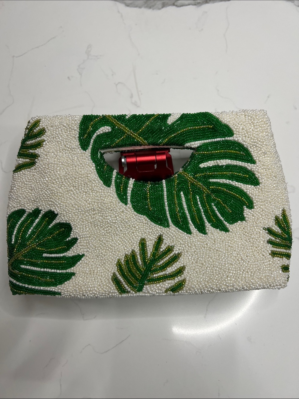 Beaded Tropical Leaf Clutch Handbag in Green and White